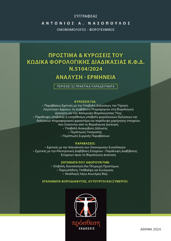 Εξώφυλλο βιβλίου – Πρόστιμα και Κυρώσεις του Κώδικα Φορολογικής Διαδικασίας Κ.Φ.Δ. Ν. 5104/2024, Ανάλυση και Ερμηνεία